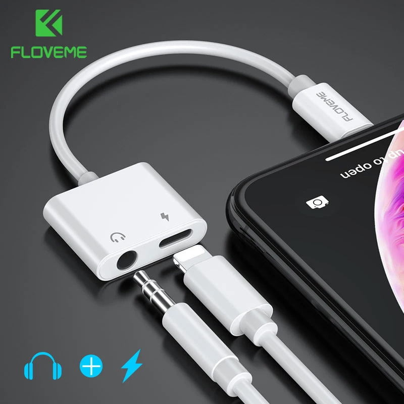 

FLOVEME 2in1 Adapter Cable For iPhone 7 8 Plus X XS MAX XR Audio Charge Cable Splitter Converter to 3.5mm Jack Headphone Adapter