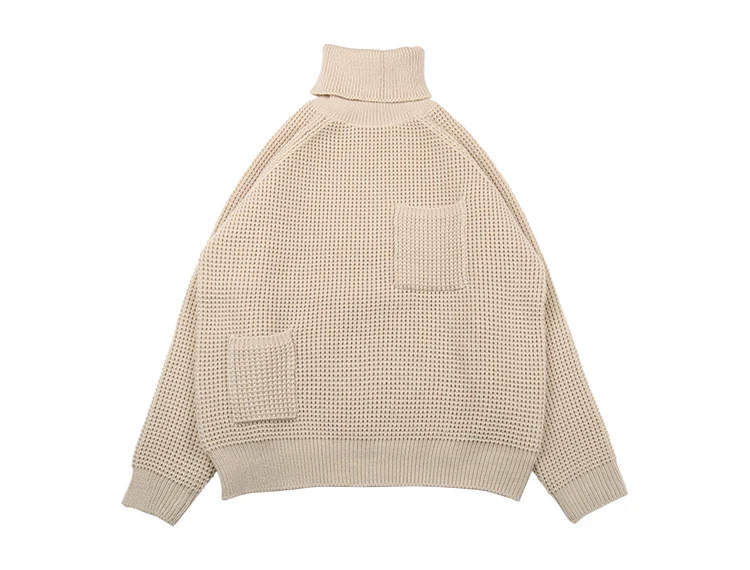 

2018 Spring New Women Casual Loose Jumper Sweater Turtleneck Cartoon Patch Pockets Female Beige Pullover Sweaters Knitted Top
