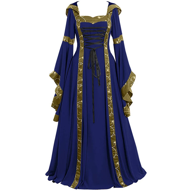 

Womens Dress Ladies Cocktail Flare Medieval Stylish Costumes Plus size A line Maxi Square neck Retro Long sleeves