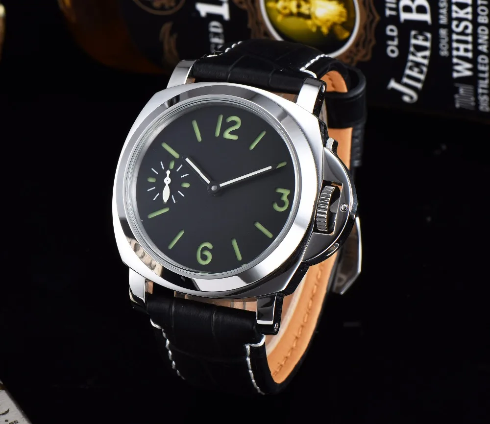 PARNIS 44 ملليمتر ساعة أنيقة للرجال مع الأسود الهاتفي حاوية من الفولاذ المقاوم للصدأ جلدية حزام اليد الرياح الميكانيكية ووتش P80-6