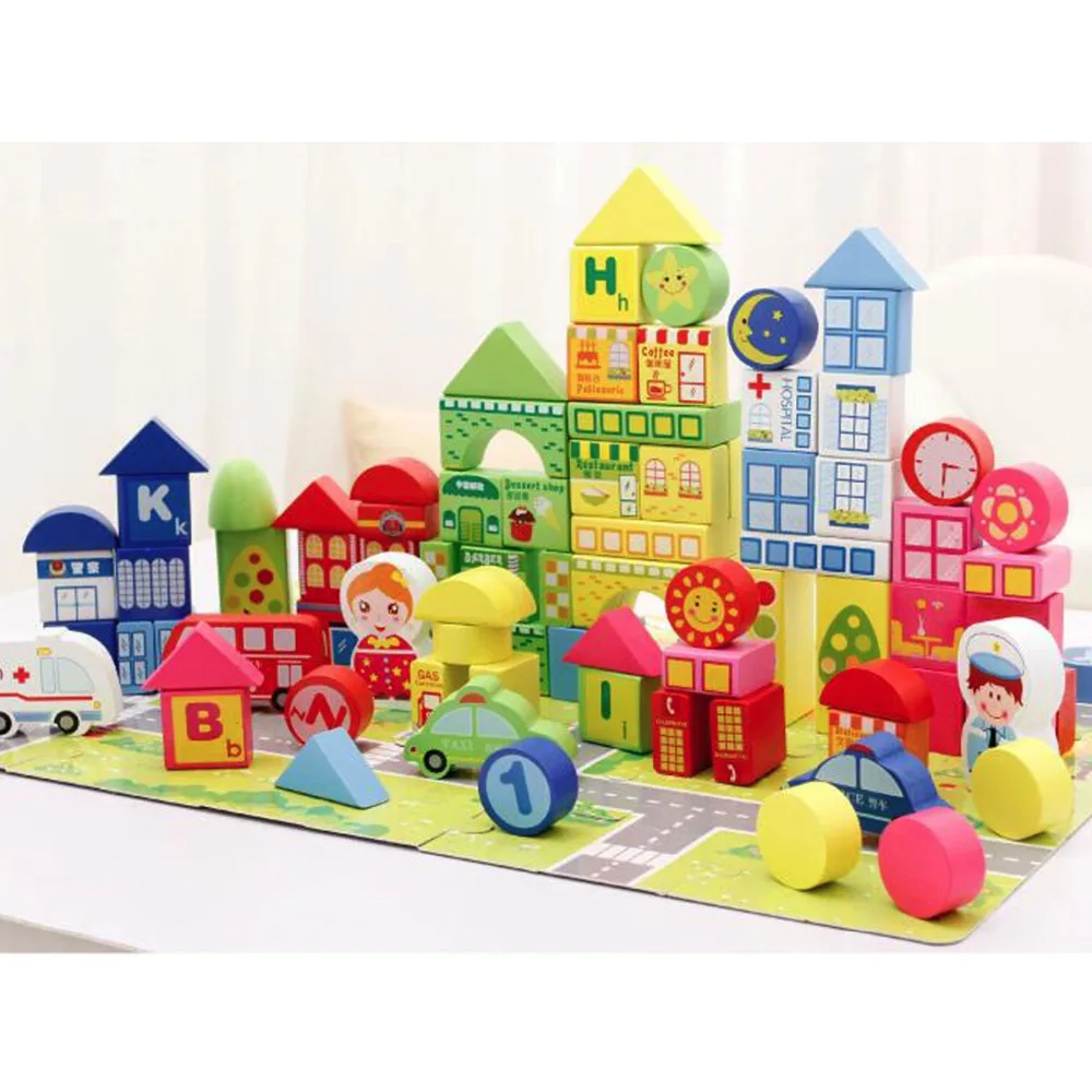 

100pcs City Traffic Children Wooden Blocks Colorful Number Geometry Shape Cognitive DIY Building Blocks