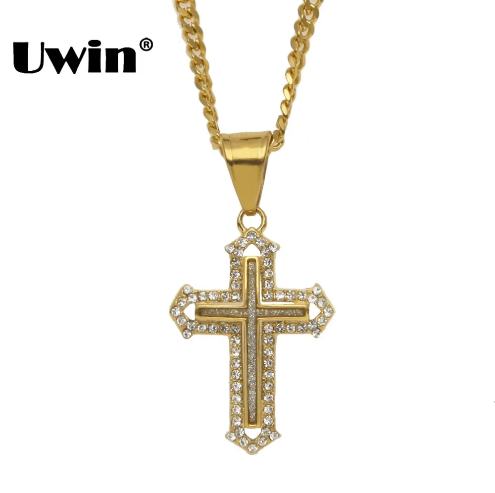 

Uwin Latin Cross Sand Blast Pendant With Iced out Rhinestones Gold Color Stainless Steel Fashion Hiphop Bling Jewelry Necklace
