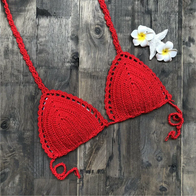 Women Crochet Bralette Knit Bra Boho Beach Woven Low Waist Sexy Bikini Set Swimsuit Bathing Suit Swimwear Cami Crop