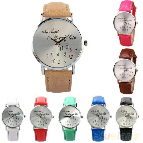 

Women Watch "Who Cares" Faux Leather Band Quartz Date Round Dial Analog Wrist Watch 2LLR smt 89