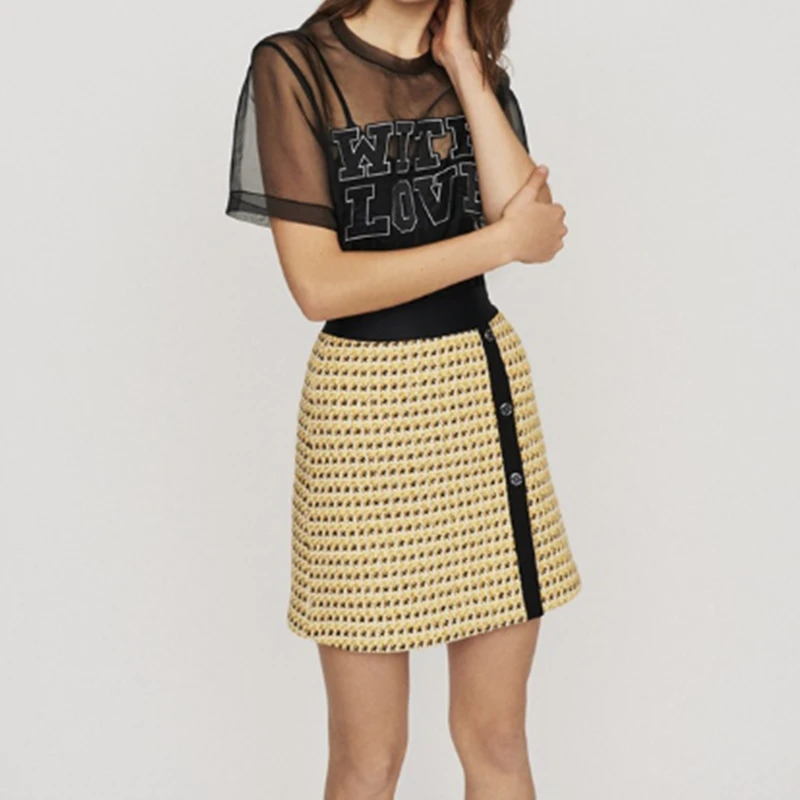 

2019 Summer Women Mini A Line Skirt Elastic High Waist Lady Elegant Yellow Skirts With Buttons