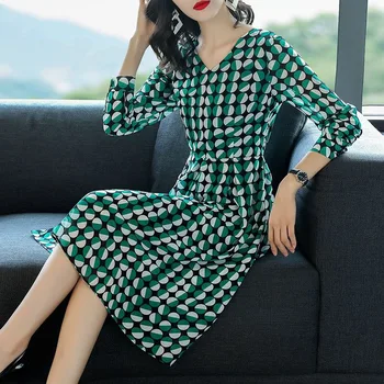 

Spring Fall 2019 Female Women Long Sleeve Printed V Neck High Waisted Patchwork Dress , Autumn Womens Slim 5xl Dot Green Dresses