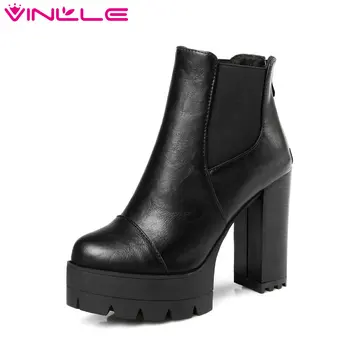 

VINLLE Soft PU Zipper Punk Shoes Women Square High Heel Ankle Boots Platform Snow Boots Sexy Lady Fashion Boots Size 34-43