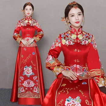 

Vintage Classic Suzhou Embroidery Cheongsam Noble Full Length Women Wedding Dress Suit Oriental Female Flower Sexy Qipao Set