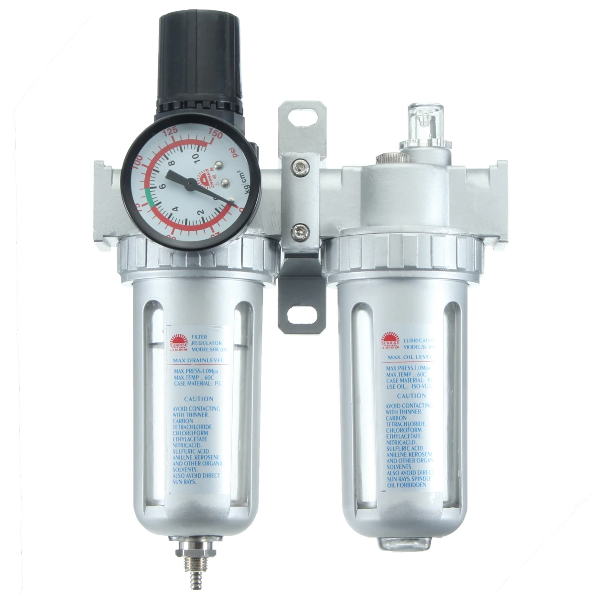 

1/4" 200X165MM Air Compressor Oil Lubricator Moisture Water Trap Filter Regulator Mount With Mount 30 - 120 PSI 35 CFM