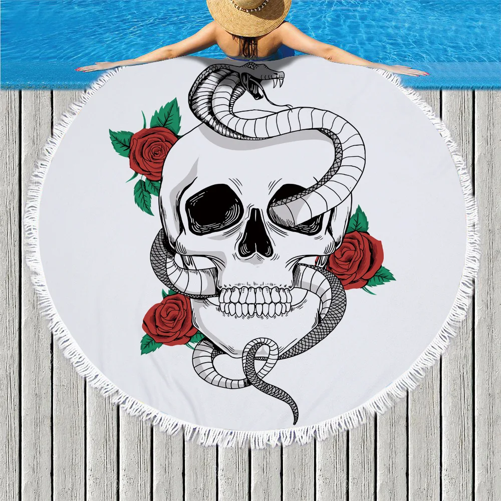 

Skull Head Style 150cm Round Beach Towel With Tassel 500G Blanket Swimming Towel Toalla De Playa Bath Towel