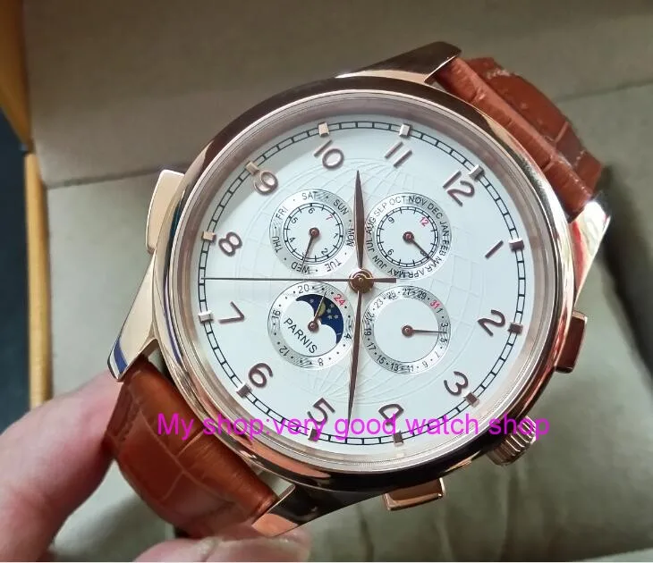 44 مللي متر PARNIS التلقائي الذاتي الرياح حركة الطلب الأبيض متعددة funtion ساعة رجالي ساعات آلية pvd روز الذهب حالة 8 44 مللي متر PARNIS التلقائي الذاتي الرياح حركة الطلب الأبيض متعددة funtion ساعة رجالي ساعات آلية pvd روز الذهب حالة 8