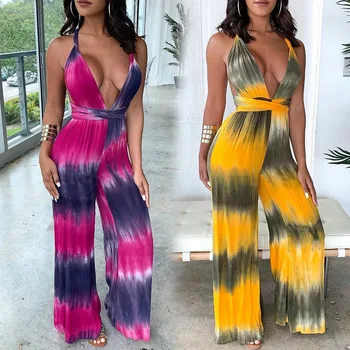 

Women Summer Sexy Jumpsuit Sleeveless Backless Deep V-Neck Wide Leg Tie Dye Long Loose Playsuit Streetwear Romper Overalls