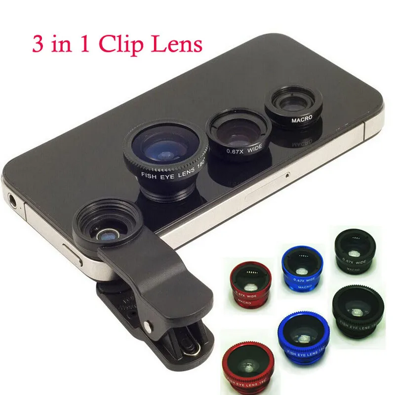 3в1 рыбий глаз широкоугольный макрообъектив Телефоны Планшеты Клип камера комплект для iPhone 7 6 6S Plus 5S samsung S7 S6 XiaoMi lenovo sony LG
