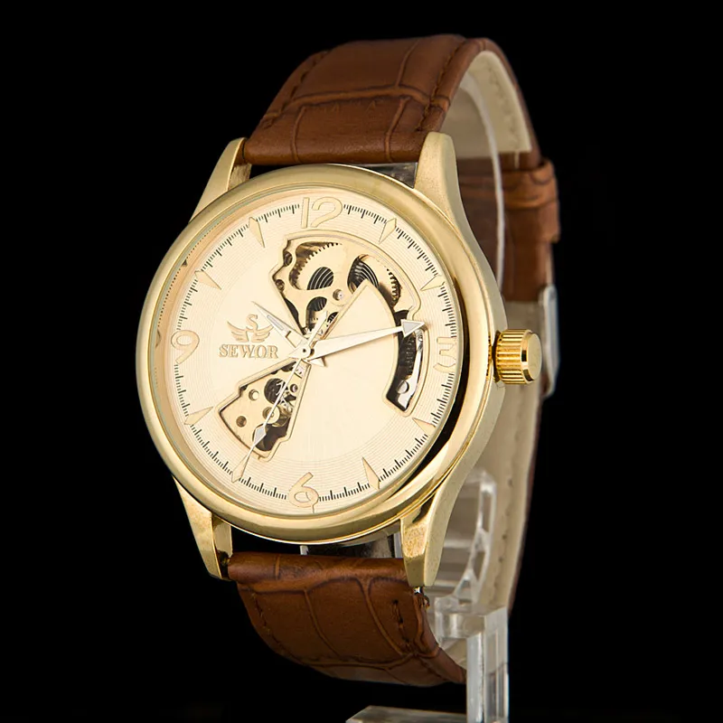 SEWOR для мужчин s Роскошный кожаный ремешок золотистого цвета для наручных часов группа полые механические стимпанк Скелет рука ветер часы для мужчин спортивные часы