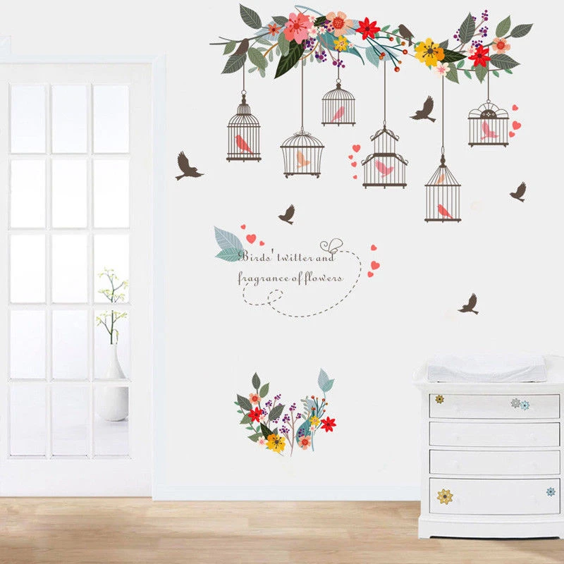 DIY 2019 New Flower Vine Bird Cage Wall Stickers Removable Art Decal Home Decor Mural Vinyl