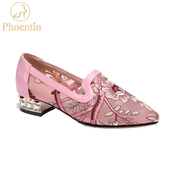 

Phoentin 2019 flower embroidery shoes female air mesh shoes women spring autumn crystal low heels patchwork footwear pink FT618
