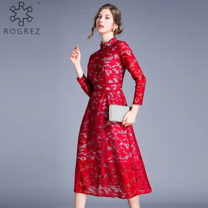 

ROGREZ Black Blue Red Plus Size 3XL Vintage Elegant Women Long Sleeve Long Dress Party Dinner Office Mid Calf Maxi Dresses
