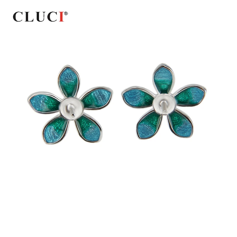 

CLUCI Silver 925 Blue Clover Flower Earrings for Women Pearl Earrings Mounting 925 Sterling Silver Stud Earrings SE050SB