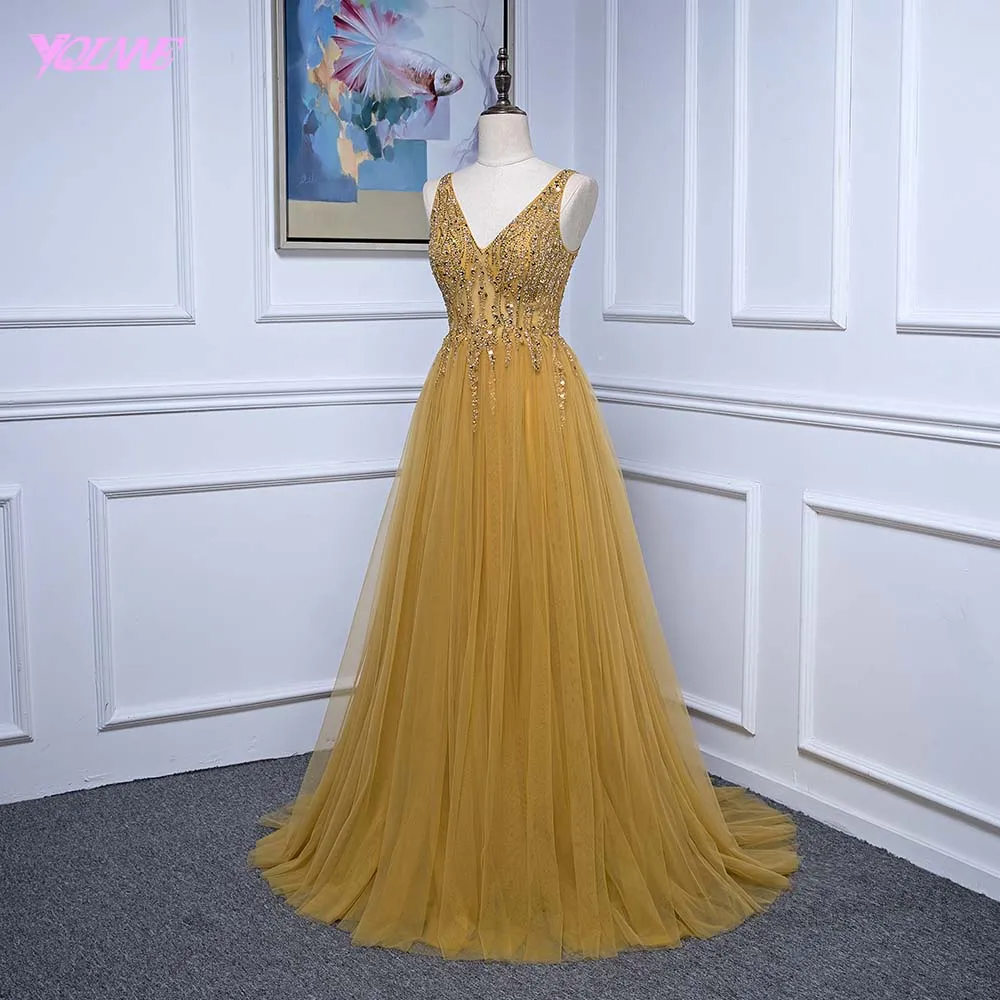 YQLNNE золотые длинные платья для выпускного вечера глубокий v-образный вырез Тюль Кристаллы бисером vestido de festa
