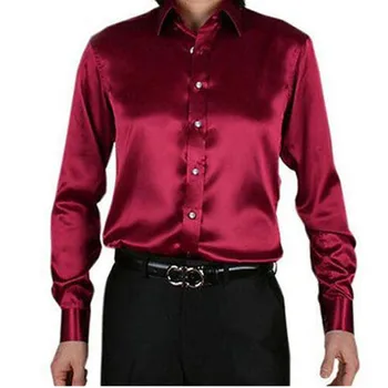 

Wind Red Leisure Clothing Wedding Prom Emulation Silk Long Sleeve Shirts Men's Casual Shirt Shiny Satin Formal Party Shirt