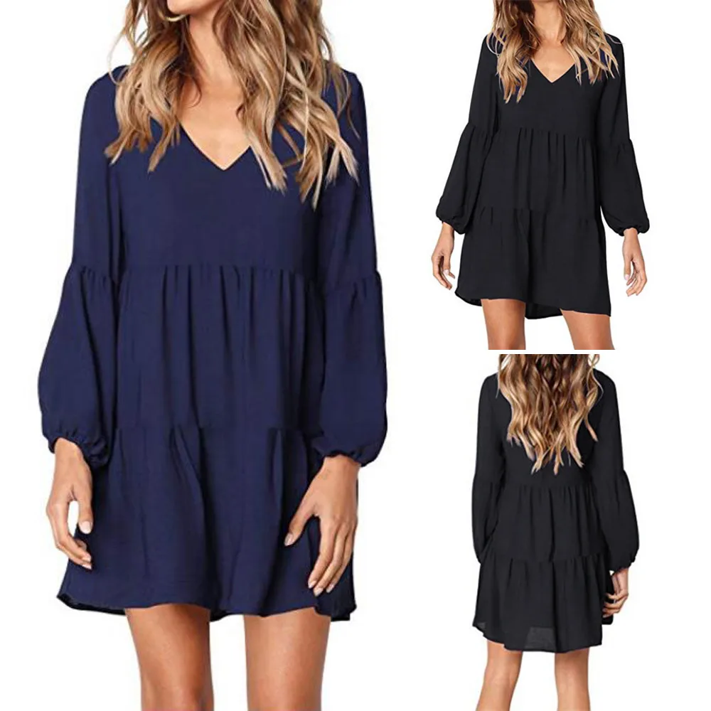 

2018 New Arrival Fashion Women Polyester Solid Lantern Long Sleeve V-Neck Draped Knee-Length Dress For Casual Life Hot Sale#30
