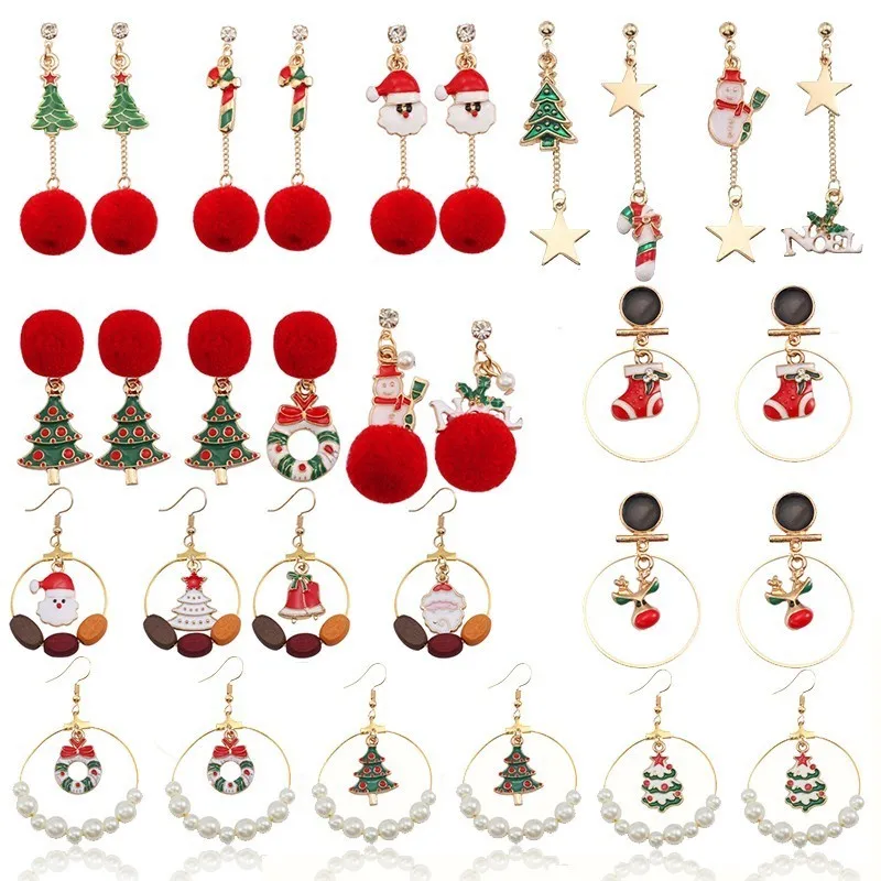 

Trendy Red Pompom Earrings Star Long Earrings For Women Christmas Tree Wreath Pearl Bead Santa Claus Snowman Earrings Xmas Gift