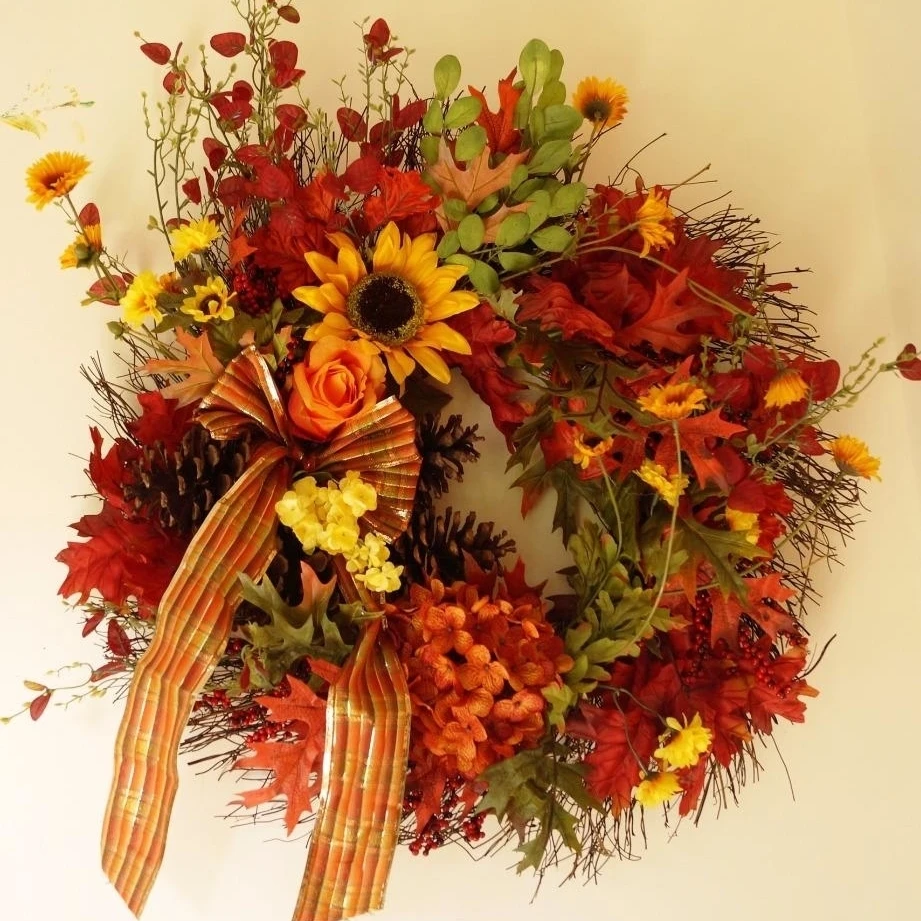 Fall Wreath, Hydrangea Roses Yellow Flowers Cottage Rustic Pine-cones