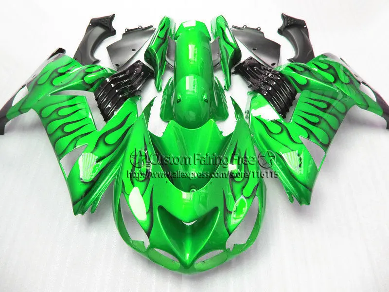 Мотоцикл инжекторный комплект для Kawasaki 2006 2007 2008 2009 ZX14R ниндзя ZX 14R 06-09 черный пламя в зеленый Обтекатели части