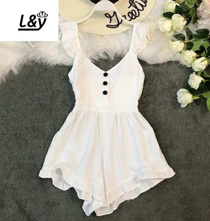

L&Y 2019 Fashion Summer Ruffled Jumppsuits Shorts Women Single Breasted V Neck Butterfly Sleeves Casual Short Playsuits