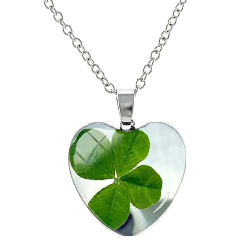 JWEIJIAO, зеленые растения, четырехлистный клевер, ожерелье s в форме сердца, стеклянный кабошон, фото, подвески, ожерелье, серебряный цвет, длинная цепочка HP215