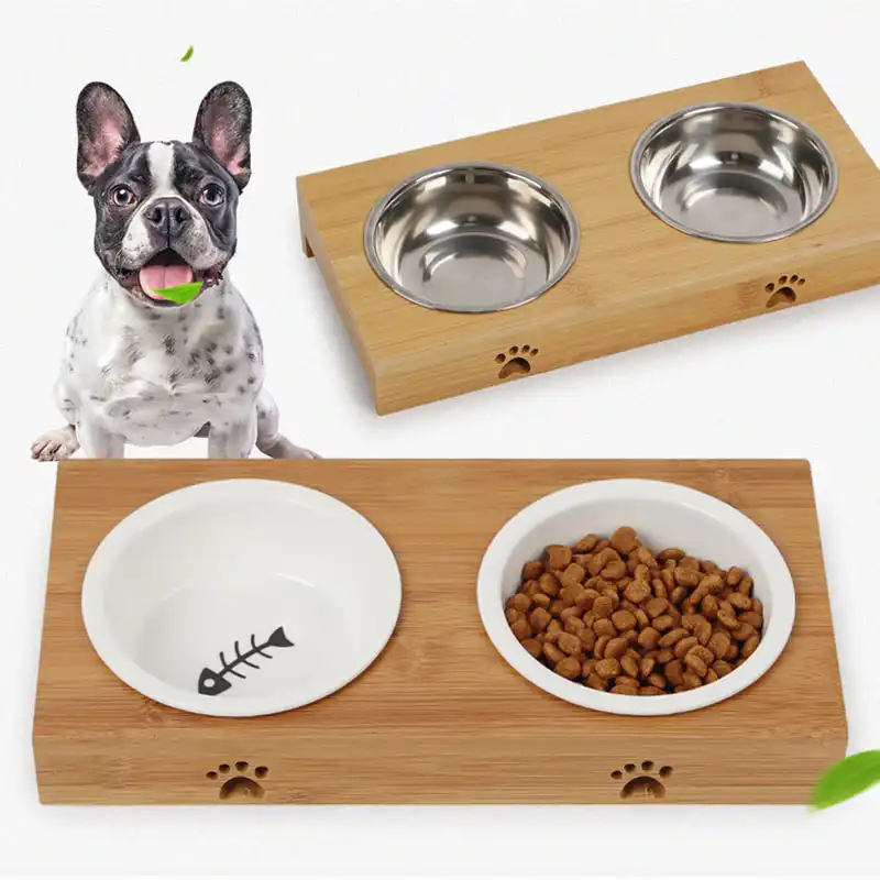 Raised Pet Bowls For Cats And Dogs Bamboo Elevated Dog Cat Food