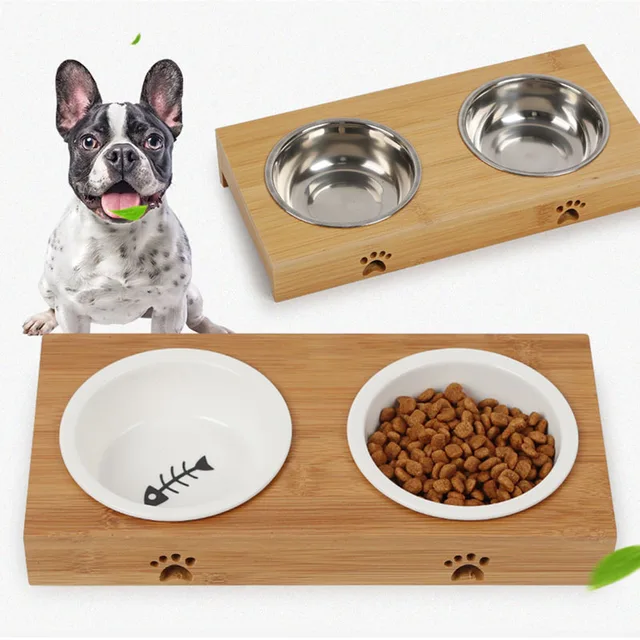 Raised Pet Bowls for Cats and Dogs Bamboo Elevated Dog Cat Food and