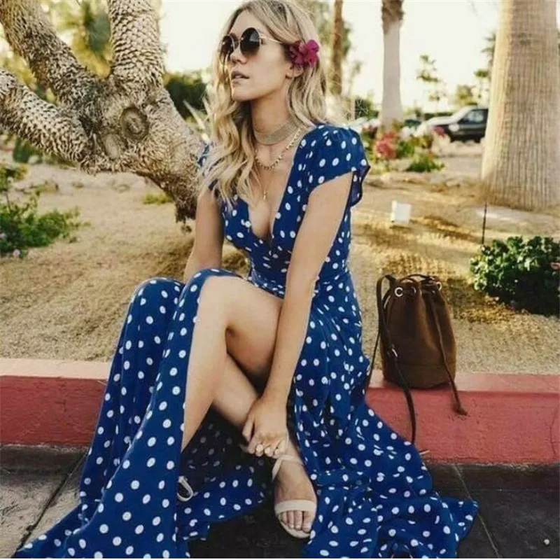 

Cross-border amazon hot style 2019 summer new sexy polka dot dress slit short sleeved beach dress S-3XL