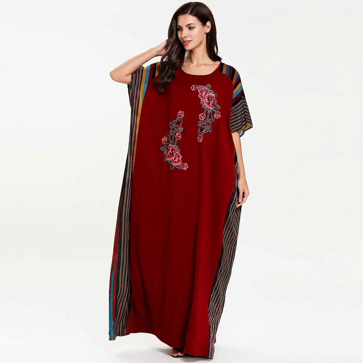 

2019 Summer Batwing Sleeve Women Floral Embroidery Muslim Dress Colored Stripe Patchwork Islamic Abaya Dubai Arab Gown VKDR1617
