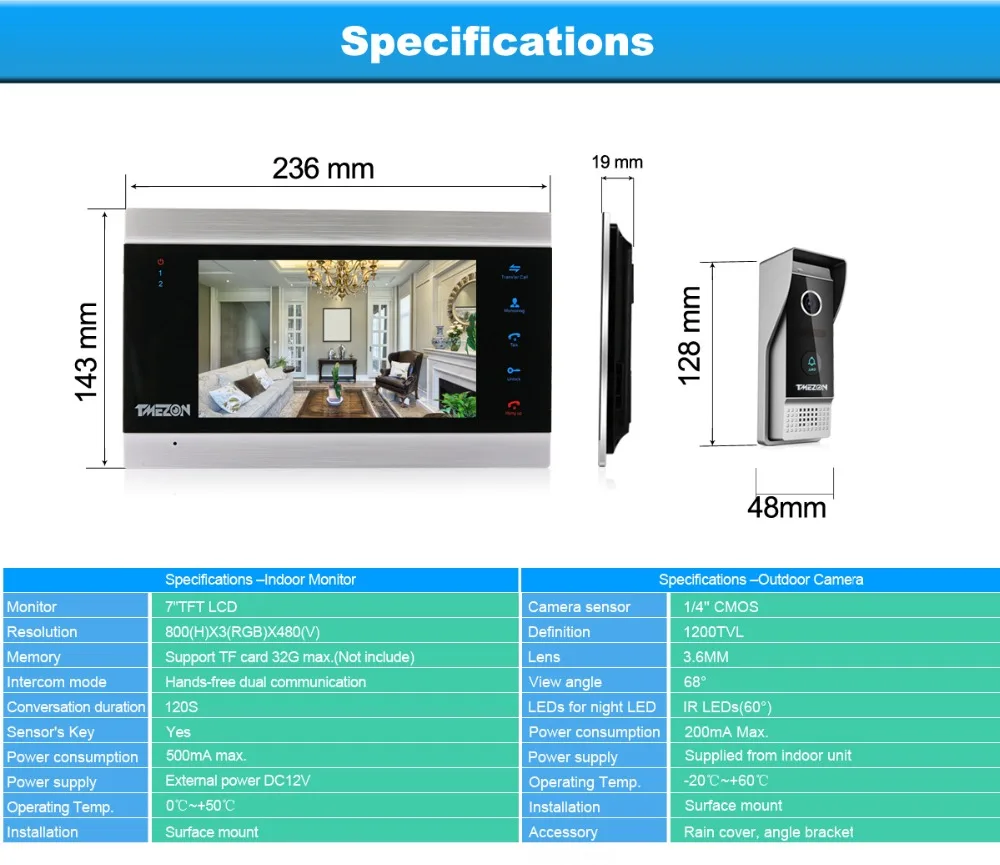 TMEZON 7 дюймов TFT проводной смарт-видео домофон система с 1 монитор ночного видения+ 2x1200TVL непромокаемый дверной Звонок камера