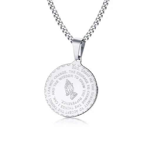 Verse Prayer Necklace Medallion Christian Jewelry Stainless Steel Lords Prayer Praying Hands Padre Nuestro Collar