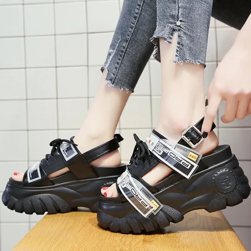 Women's platform Sandals Summer White Black Wedge High Heels Shoes Female Leather Casual Chunky Sandals Buckle Beach shoes 866w