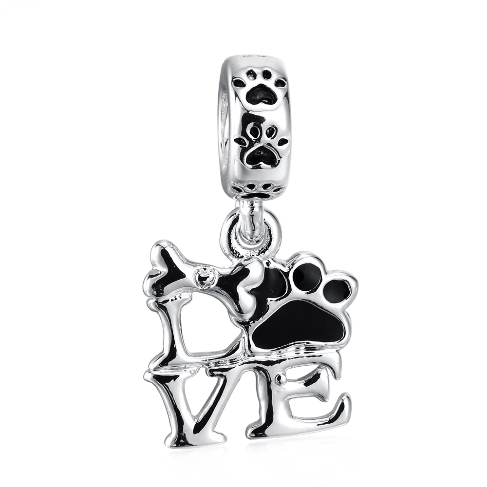 PTZ0152 Wholesale S925 Silver Jewelry Black Dog Paw Charm LOVE Letter