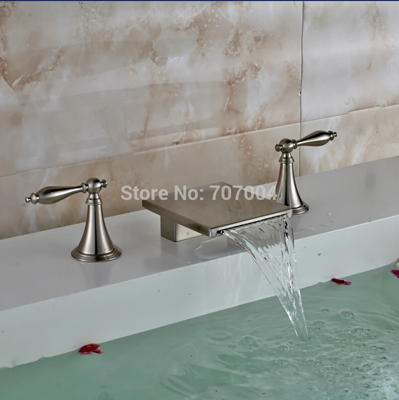 Luxury Deck Mounted Two Handles Waterfall Bathroom Basin Faucets Brushed Nickel 3pcs Basin Mixer