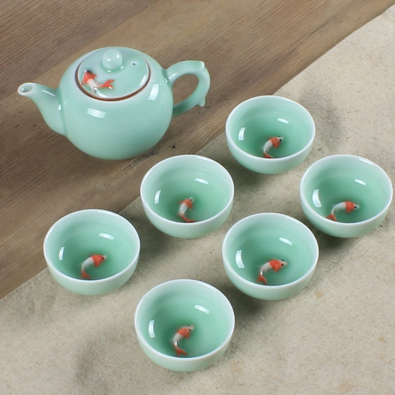 

7PCS/SET Celadon Kung Fu Tea Set Set Home Dutch Fish Office Complete Set Kung Fu Ceramic Teapot Cup ZP504932