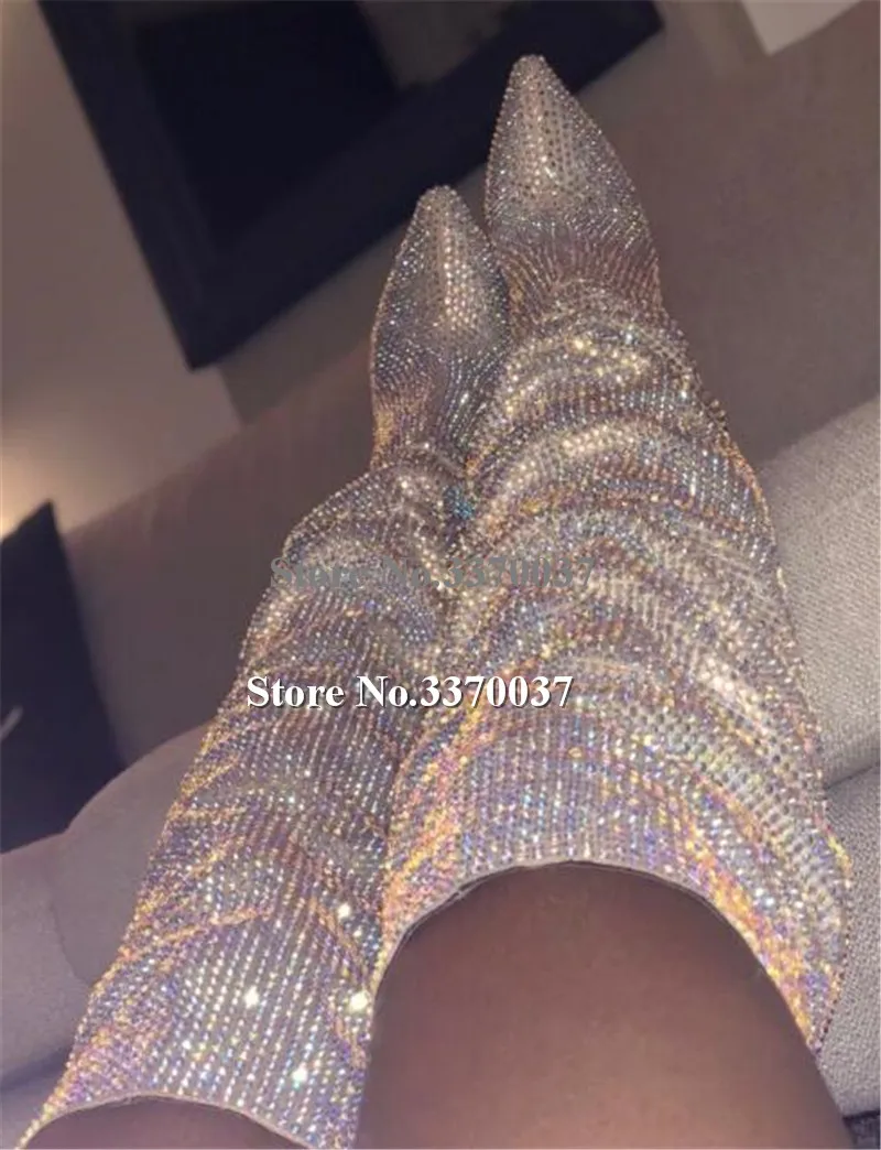 Newest Bling Bling Pointed Toe Rhinestone Thin Heel Over Knee Boots Ladies Shining Crystal High Heel Boots Wedding Club Shoes