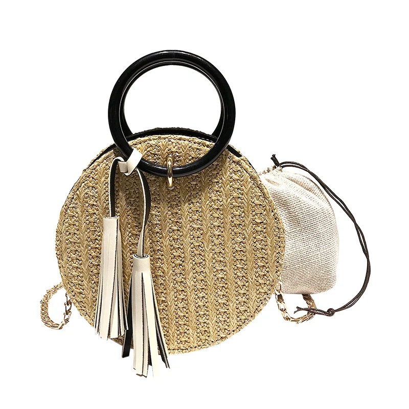 

2 bag 2018 Summer Fashion New Handbag Hand-woven Straw Female Round Phone bag Portable Beach bag High quality Chain Shoulder bag