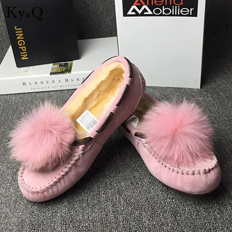 

Brands U Spring Winter Sheep Fur Flats Shoes Genuine Leather Cowhide Leather Female Flats Shoes Natural Ball Fox Fur Shoes