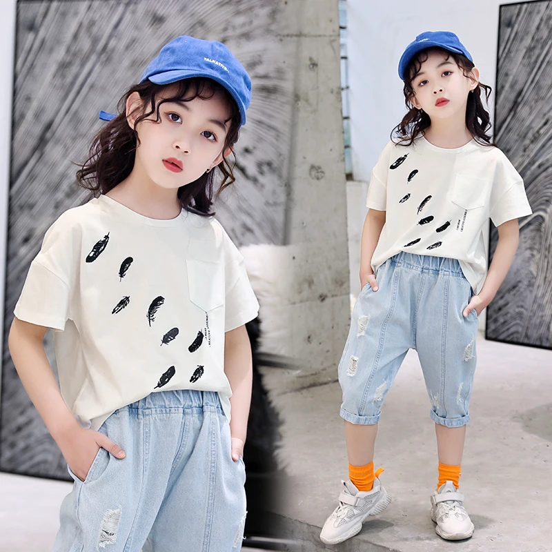 

Summer Girls T-shirts Cotton O-Neck Solid White Tops Feather Print Tees for Baby Kids Clothes Casual Outfits 6 8 10 12 Years