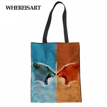 WHEREISART биколор 3D Лев Волк Принт женские льняные хозяйственные сумки холщовые рециркулирующие сумки многофункциональные Девушки Книга Эко сумки