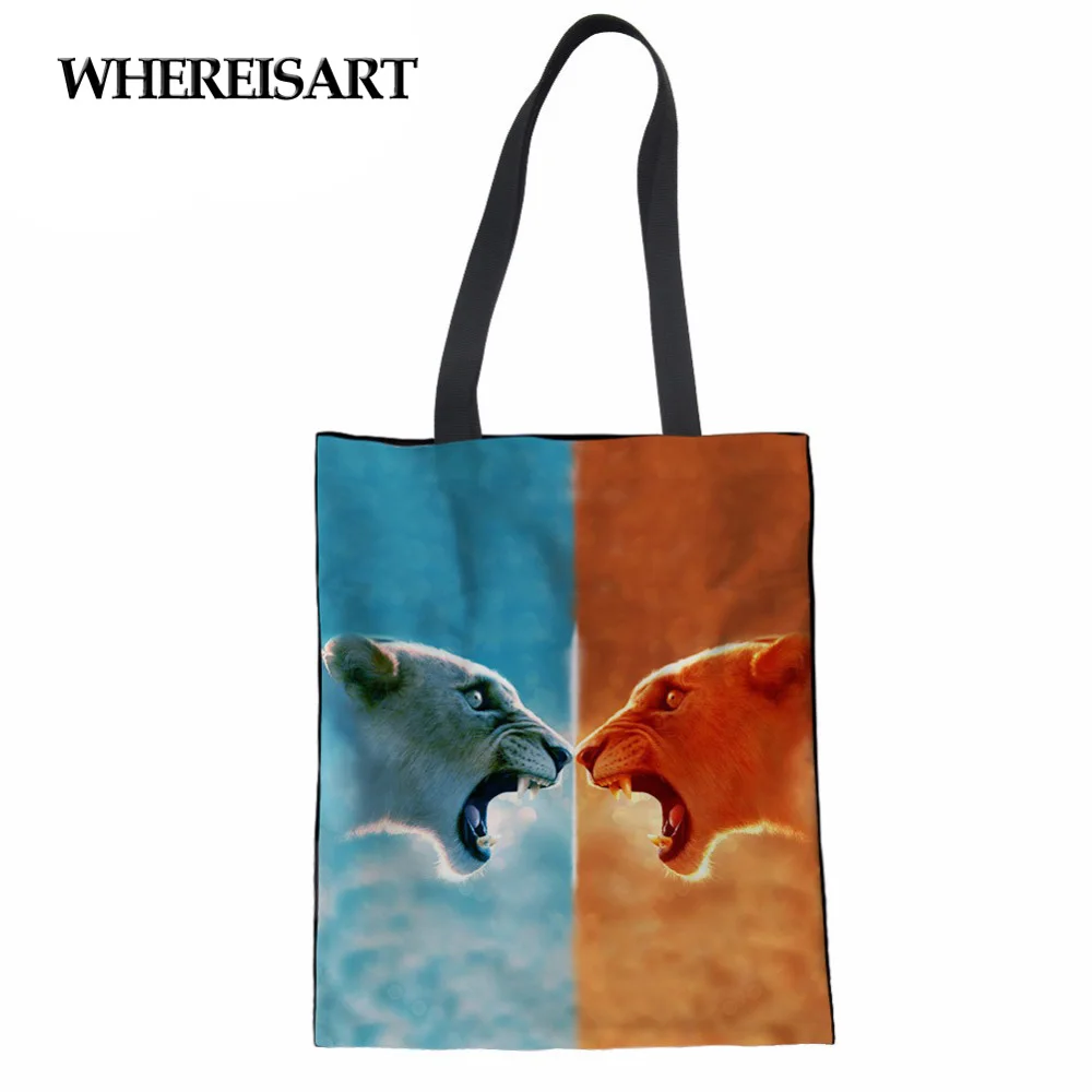 

WHEREISART Bicolor 3D Lion Wolf Print Women Linen Shopping Bags Canvas Recyling Tote Bags Multi-function Girls Book Eco bags