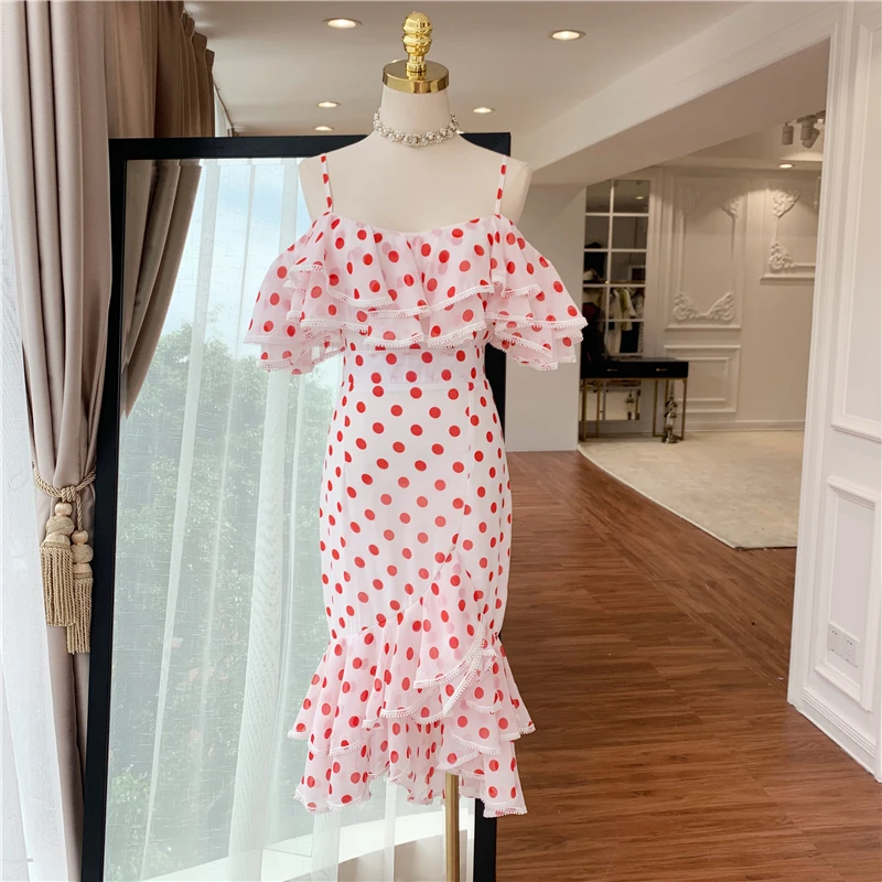 

Luxury Designer Brand Dress for Women Sexy Vintage Dot Ruffles Spaghetti Strap Long Party Dress
