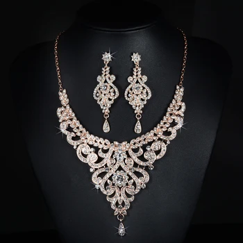 

SLBRIDAL Rose Gold Rhinestones Crystals Wedding Jewelry Set Bridal Necklace Earrings Set Party Jewelry Sets Women Jewelry