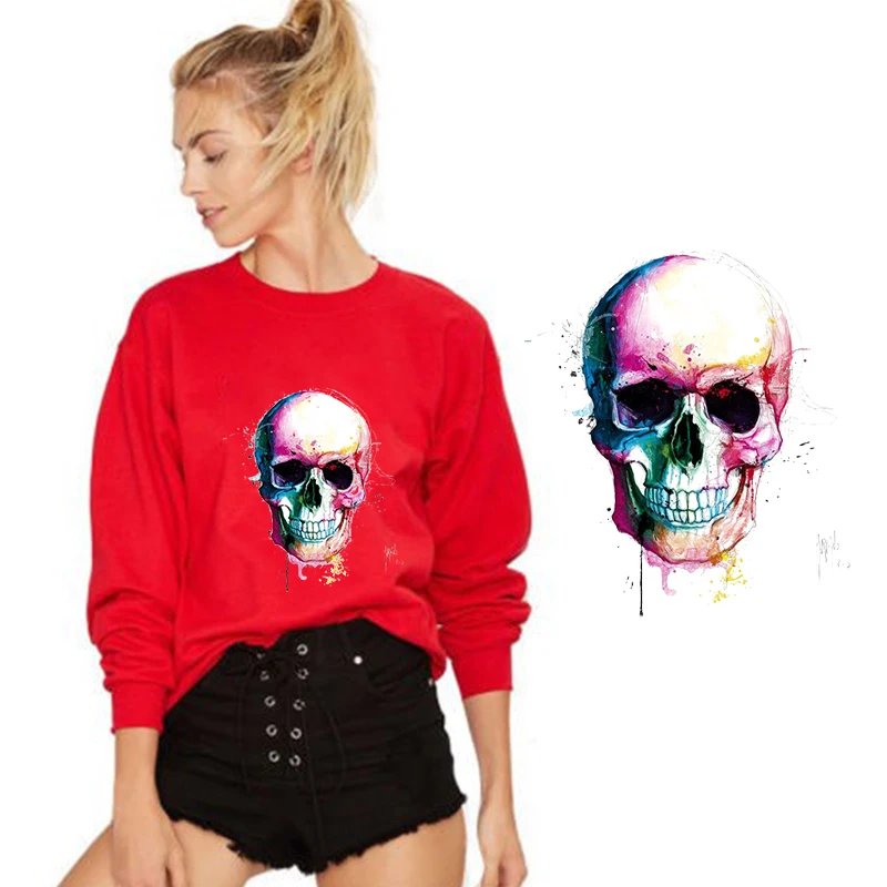 

Skull Drawing Color Painting Iron On Patches Heat Transfer Patches for Clothes Washable Sticker