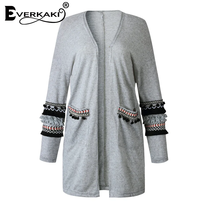 Everkaki Boho кисточки трикотажные длинные кардиганы свитер для женщин с карманами Теплые трикотажные пальто Элитные кардиганы осень зима - Цвет: Light Grey